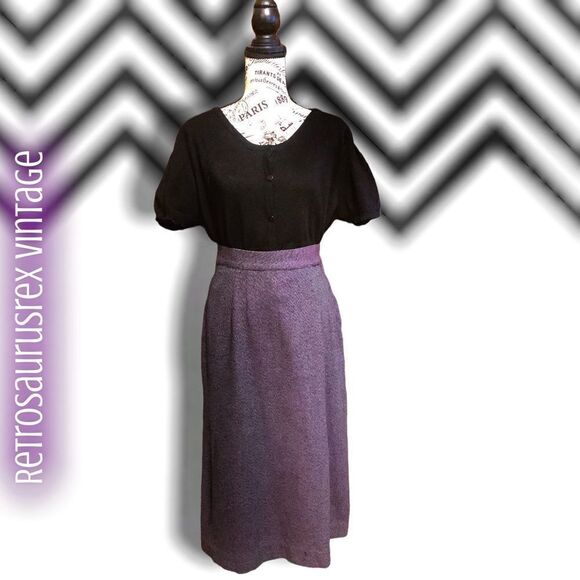 VINTAGE 1930’s Twee Pinup Purple & Blue Tweed Wool High Waist Midi Skirt, Small - Picture 4 of 5